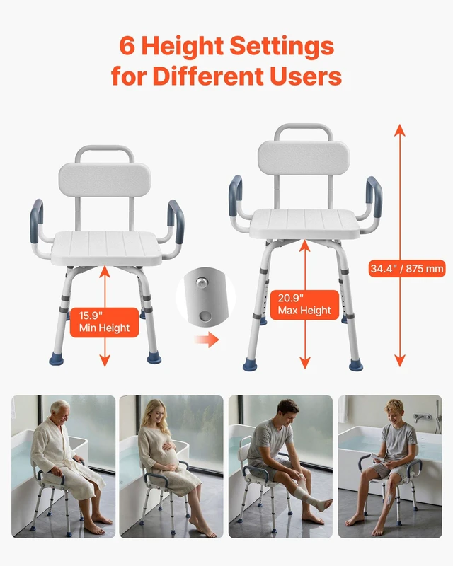 Alt view image 3 of 8 - VEVOR Swivel Shower Chair with Arms and Back, 400 lbs Heavy Duty Bench Seat for Inside Shower Stall and Bathtub, Height Adjustable Bathroom Bath Tub Seat for Adults, Seniors, Elderly and Disabled