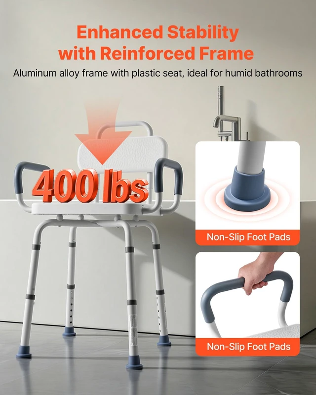 Alt view image 4 of 8 - VEVOR Swivel Shower Chair with Arms and Back, 400 lbs Heavy Duty Bench Seat for Inside Shower Stall and Bathtub, Height Adjustable Bathroom Bath Tub Seat for Adults, Seniors, Elderly and Disabled