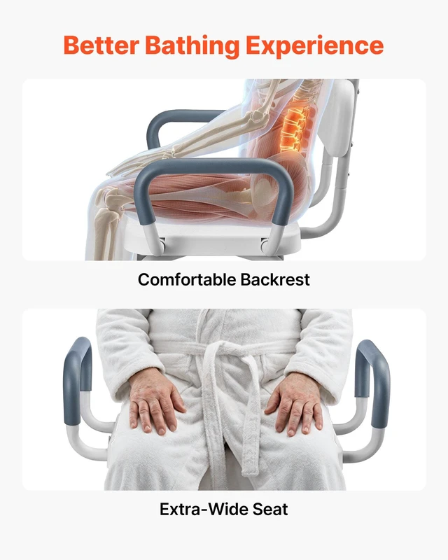 Alt view image 6 of 8 - VEVOR Swivel Shower Chair with Arms and Back, 400 lbs Heavy Duty Bench Seat for Inside Shower Stall and Bathtub, Height Adjustable Bathroom Bath Tub Seat for Adults, Seniors, Elderly and Disabled