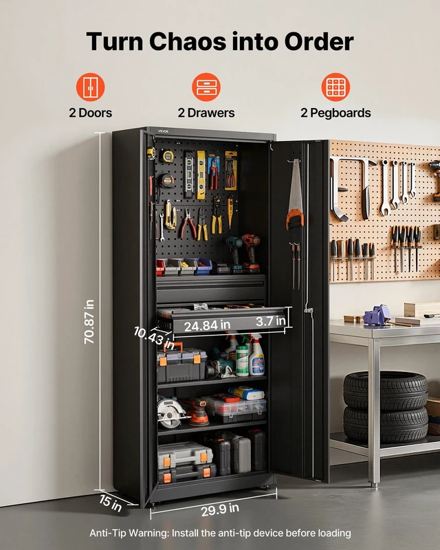 Alt view image 2 of 8 - VEVOR Metal Storage Cabinet, 180 lbs Shelf Load Capacity, 70.87" Tall Garage Tool Storage Cabinet with 2 Locking Doors, Adjustable Shelves, 2 Drawers, Pegboard, for Garage, Home, Office, Utility Room
