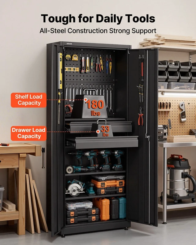 Alt view image 4 of 8 - VEVOR Metal Storage Cabinet, 180 lbs Shelf Load Capacity, 70.87" Tall Garage Tool Storage Cabinet with 2 Locking Doors, Adjustable Shelves, 2 Drawers, Pegboard, for Garage, Home, Office, Utility Room