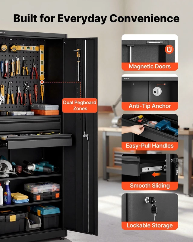 Alt view image 5 of 8 - VEVOR Metal Storage Cabinet, 180 lbs Shelf Load Capacity, 70.87" Tall Garage Tool Storage Cabinet with 2 Locking Doors, Adjustable Shelves, 2 Drawers, Pegboard, for Garage, Home, Office, Utility Room