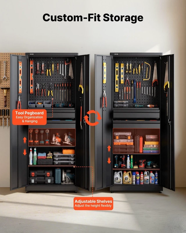 Alt view image 3 of 8 - VEVOR Metal Storage Cabinet, 180 lbs Shelf Load Capacity, 70.87" Tall Garage Tool Storage Cabinet with 2 Locking Doors, Adjustable Shelves, 2 Drawers, Pegboard, for Garage, Home, Office, Utility Room