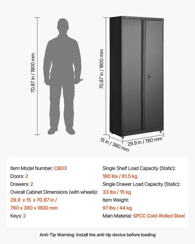 Alt view image 7 of 8 - VEVOR Metal Storage Cabinet, 180 lbs Shelf Load Capacity, 70.87" Tall Garage Tool Storage Cabinet with 2 Locking Doors, Adjustable Shelves, 2 Drawers, Pegboard, for Garage, Home, Office, Utility Room