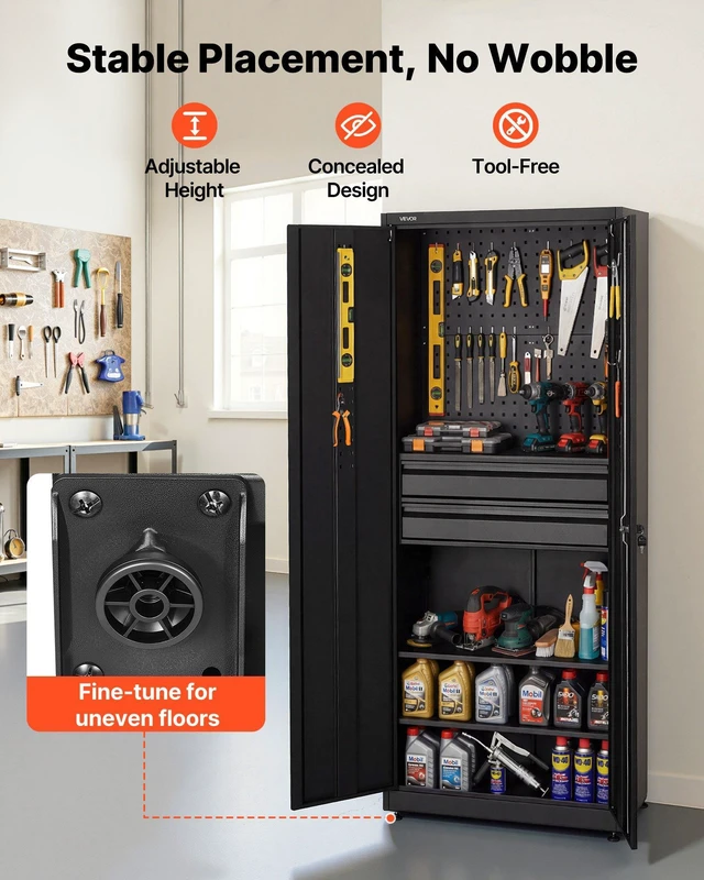 Alt view image 6 of 8 - VEVOR Metal Storage Cabinet, 180 lbs Shelf Load Capacity, 70.87" Tall Garage Tool Storage Cabinet with 2 Locking Doors, Adjustable Shelves, 2 Drawers, Pegboard, for Garage, Home, Office, Utility Room