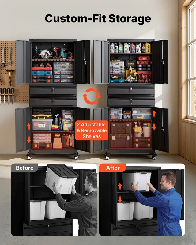 Alt view image 3 of 8 - VEVOR Metal Storage Cabinet with Wheels, 180 lbs Shelf Load Capacity, 75" Tall Rolling Garage Tool Storage Cabinet with 4 Locking Doors and Adjustable Shelves, 2 Drawers, for Garage, Office, Home