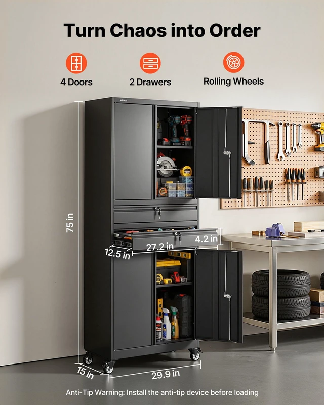 Alt view image 2 of 8 - VEVOR Metal Storage Cabinet with Wheels, 180 lbs Shelf Load Capacity, 75" Tall Rolling Garage Tool Storage Cabinet with 4 Locking Doors and Adjustable Shelves, 2 Drawers, for Garage, Office, Home