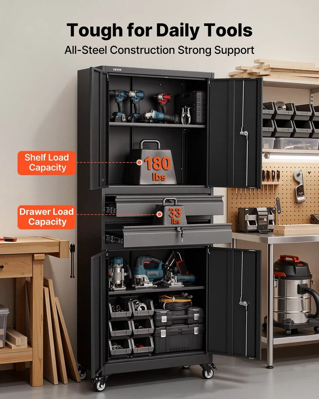 Alt view image 4 of 8 - VEVOR Metal Storage Cabinet with Wheels, 180 lbs Shelf Load Capacity, 75" Tall Rolling Garage Tool Storage Cabinet with 4 Locking Doors and Adjustable Shelves, 2 Drawers, for Garage, Office, Home