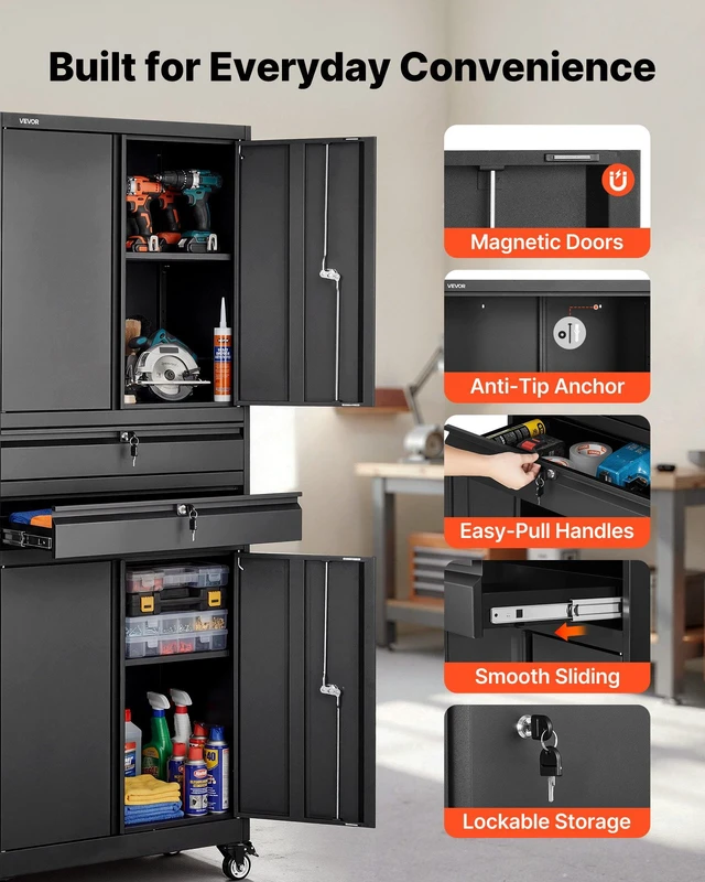 Alt view image 5 of 8 - VEVOR Metal Storage Cabinet with Wheels, 180 lbs Shelf Load Capacity, 75" Tall Rolling Garage Tool Storage Cabinet with 4 Locking Doors and Adjustable Shelves, 2 Drawers, for Garage, Office, Home