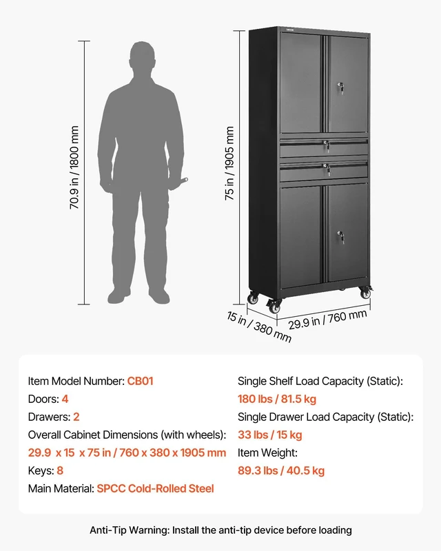 Alt view image 7 of 8 - VEVOR Metal Storage Cabinet with Wheels, 180 lbs Shelf Load Capacity, 75" Tall Rolling Garage Tool Storage Cabinet with 4 Locking Doors and Adjustable Shelves, 2 Drawers, for Garage, Office, Home