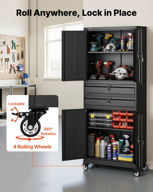 Alt view image 6 of 8 - VEVOR Metal Storage Cabinet with Wheels, 180 lbs Shelf Load Capacity, 75" Tall Rolling Garage Tool Storage Cabinet with 4 Locking Doors and Adjustable Shelves, 2 Drawers, for Garage, Office, Home