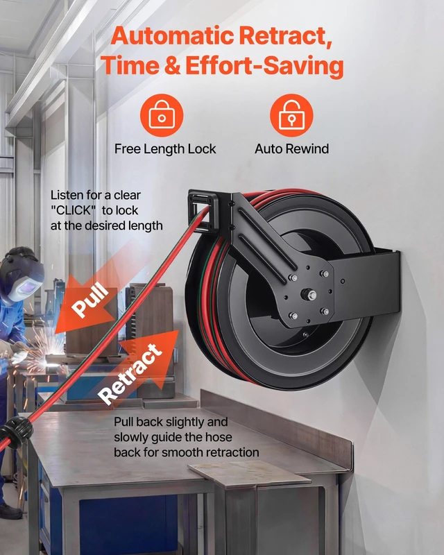 Alt view image 3 of 8 - VEVOR Retractable Welding Hose Reel, 1/4 Inch x 100FT Twin Oxygen Acetylene Rubber Hose Max 300PSI - R Grade, Ceiling/Wall Mount Heavy Duty Steel Hose Reel Auto-Rewind, Ideal for Workshops Garages