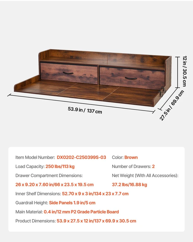 Alt view image 7 of 8 - VEVOR Washer Dryer Countertop with Shelf, 54 x 27.5 in Wooden Washer and Dryer Topper with 2 Drawers & 2 Hooks, Laundry Machine Topper for Laundry Closet Pantry Counter Organization and Storage, Brown