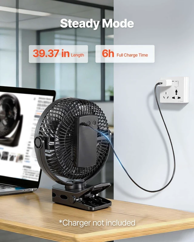 Alt view image 6 of 8 - VEVOR Portable Clip Fan, Rechargeable Clip On Fan, USB Port with 3 Speeds & Circulation Mode, Strong Airflow Sturdy Clamp, Long Runtime for Desk, Golf Cart, Outdoor Camping Treadmill, Office, Black