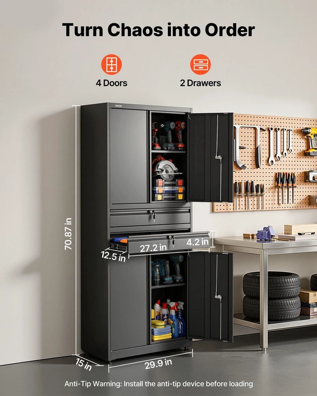 Alt view image 2 of 8 - VEVOR Metal Storage Cabinet, 180 lbs Shelf Load Capacity, 70.87" Tall Garage Tool Storage Cabinet with 4 Locking Doors and Adjustable Shelves, 2 Drawers, for Garage, Home, Office, Utility Room, Black