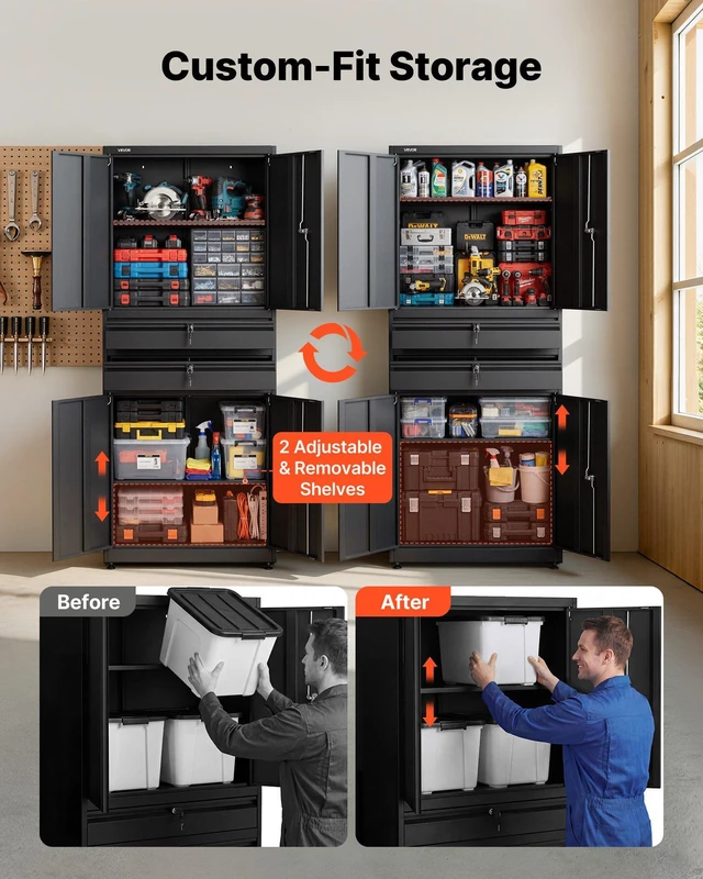 Alt view image 3 of 8 - VEVOR Metal Storage Cabinet, 180 lbs Shelf Load Capacity, 70.87" Tall Garage Tool Storage Cabinet with 4 Locking Doors and Adjustable Shelves, 2 Drawers, for Garage, Home, Office, Utility Room, Black