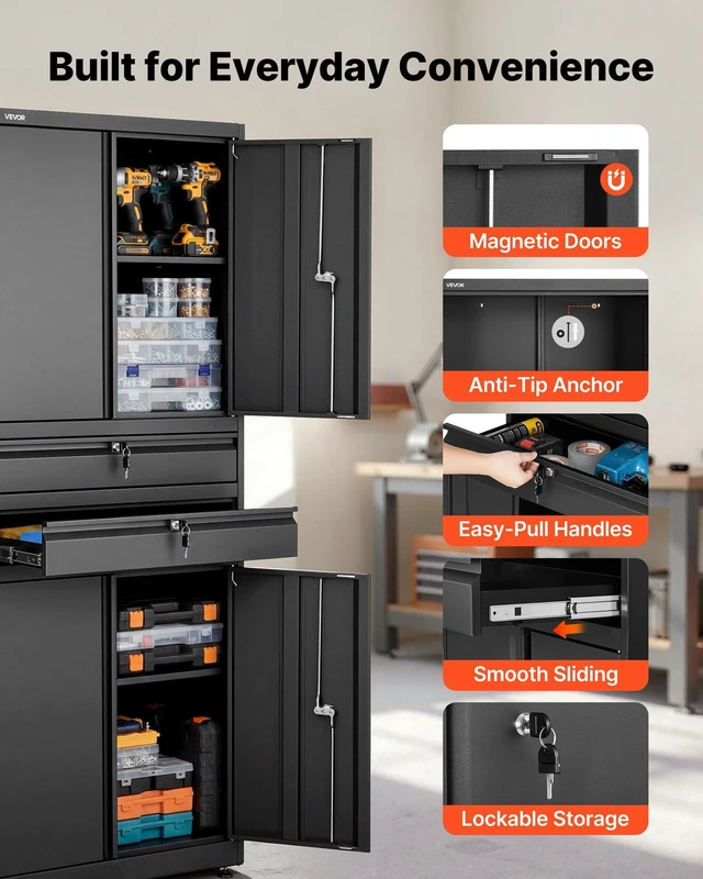 Alt view image 5 of 8 - VEVOR Metal Storage Cabinet, 180 lbs Shelf Load Capacity, 70.87" Tall Garage Tool Storage Cabinet with 4 Locking Doors and Adjustable Shelves, 2 Drawers, for Garage, Home, Office, Utility Room, Black