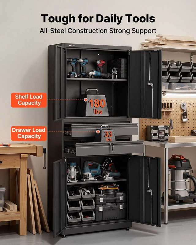 Alt view image 4 of 8 - VEVOR Metal Storage Cabinet, 180 lbs Shelf Load Capacity, 70.87" Tall Garage Tool Storage Cabinet with 4 Locking Doors and Adjustable Shelves, 2 Drawers, for Garage, Home, Office, Utility Room, Black