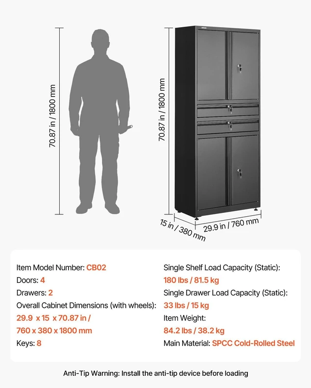 Alt view image 7 of 8 - VEVOR Metal Storage Cabinet, 180 lbs Shelf Load Capacity, 70.87" Tall Garage Tool Storage Cabinet with 4 Locking Doors and Adjustable Shelves, 2 Drawers, for Garage, Home, Office, Utility Room, Black