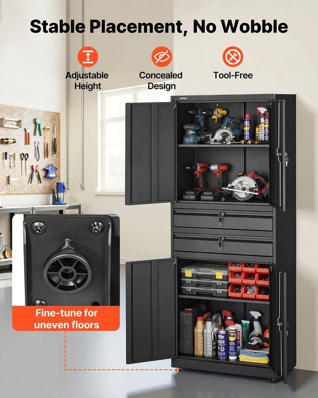 Alt view image 6 of 8 - VEVOR Metal Storage Cabinet, 180 lbs Shelf Load Capacity, 70.87" Tall Garage Tool Storage Cabinet with 4 Locking Doors and Adjustable Shelves, 2 Drawers, for Garage, Home, Office, Utility Room, Black