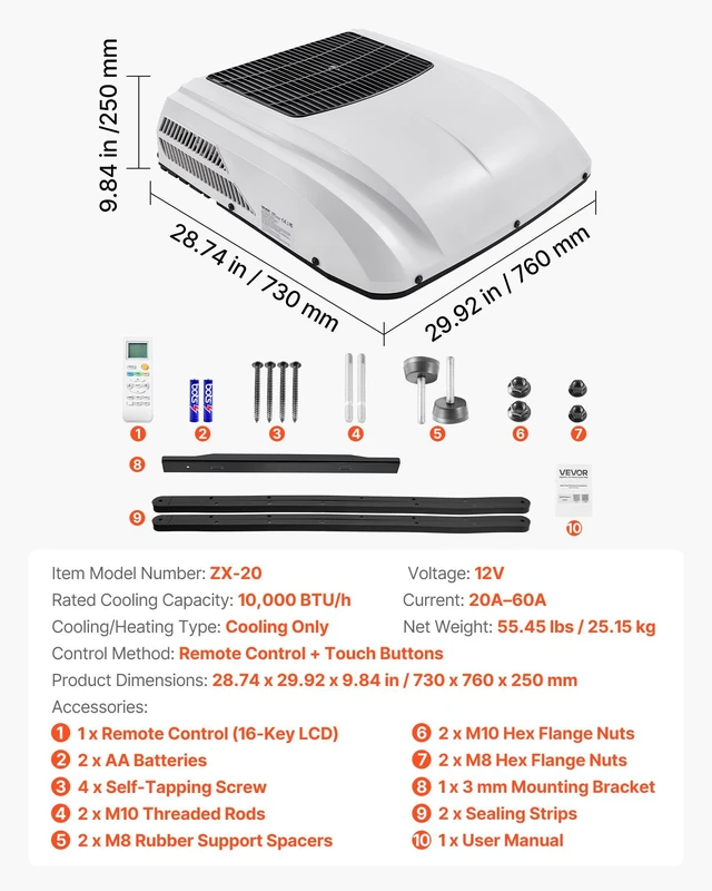 Alt view image 7 of 8 - VEVOR Truck Air Conditioner, 12V 10000 BTU RV Rooftop AC Unit, 350 m³/h Airflow Cab Air Conditioner with Copper Evaporator, Quiet A/C Unit Fast Cooling for Semi Truck Trailer Motorhome Tractor Caravan