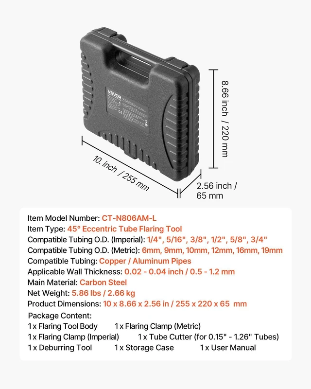 Alt view image 7 of 8 - VEVOR Flaring Tool HVAC, 45° Eccentric Single Flaring Tool for 1/4"-3/4" & 6-19mm Copper Aluminum Tubes - with Metric & SAE Clamps, Tube Cutter & Toolbox for Refrigeration Air Conditioner Repair