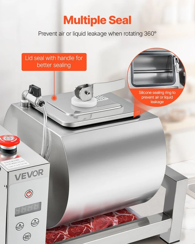 Alt view image 5 of 8 - VEVOR Meat Tumbler Marinator, 10L Vacuum Tumbler Marinating Machine with Automatic Bidirectional Rotation, Stainless Steel Vacuum Curing Machine for Chicken Steak Pork, Home & Commercial Use