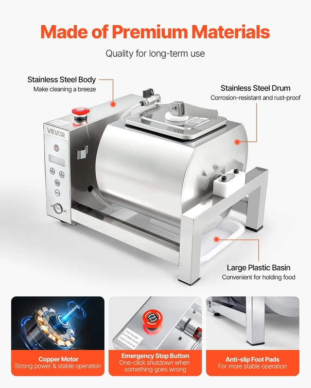 Alt view image 6 of 8 - VEVOR Meat Tumbler Marinator, 10L Vacuum Tumbler Marinating Machine with Automatic Bidirectional Rotation, Stainless Steel Vacuum Curing Machine for Chicken Steak Pork, Home & Commercial Use