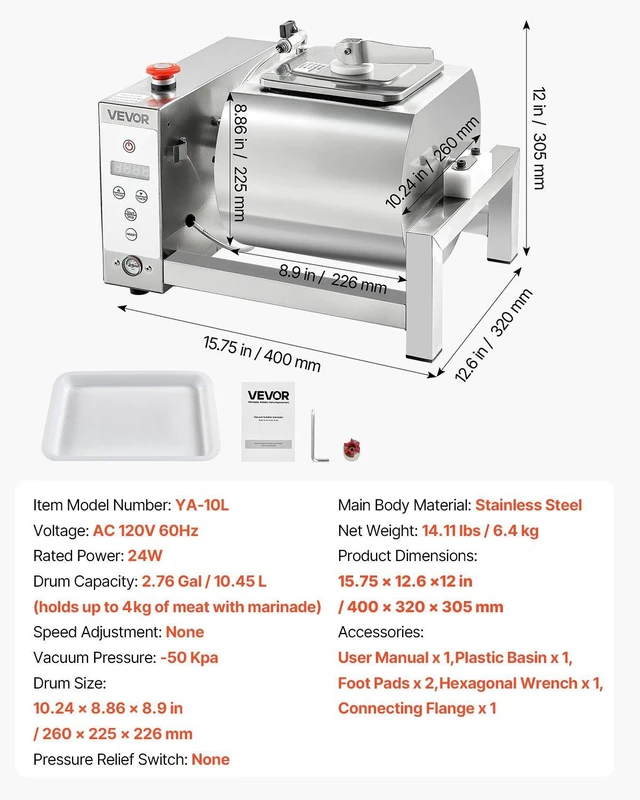 Alt view image 7 of 8 - VEVOR Meat Tumbler Marinator, 10L Vacuum Tumbler Marinating Machine with Automatic Bidirectional Rotation, Stainless Steel Vacuum Curing Machine for Chicken Steak Pork, Home & Commercial Use