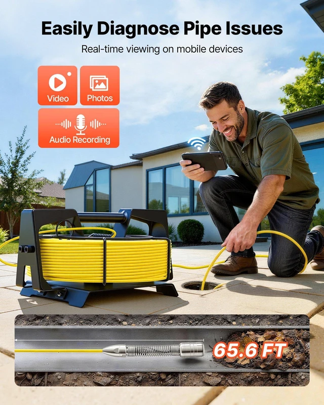 Alt view image 2 of 8 - VEVOR 2026 Upgraded Sewer Camera with WiFi, 65.6ft/20m Drain Pipeline Camera, IP68 Snake Plumbing Cameras with Light- 12 LEDS, Wireless WiFi Connectivity to Phone/Tablet for Sewer Duct Pipe Inspection
