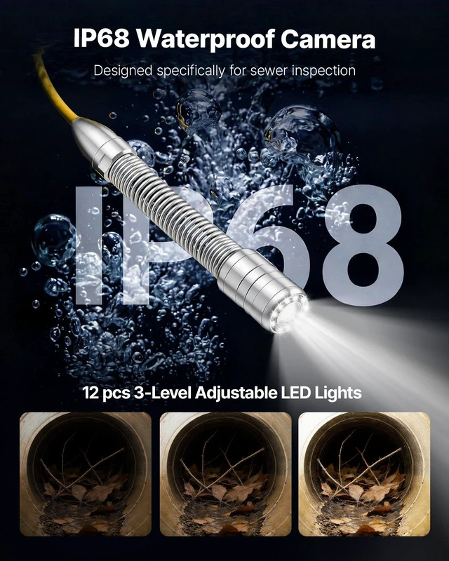 Alt view image 5 of 8 - VEVOR 2026 Upgraded Sewer Camera with WiFi, 65.6ft/20m Drain Pipeline Camera, IP68 Snake Plumbing Cameras with Light- 12 LEDS, Wireless WiFi Connectivity to Phone/Tablet for Sewer Duct Pipe Inspection
