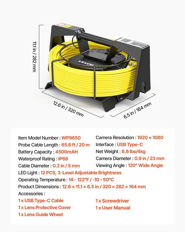 Alt view image 7 of 8 - VEVOR 2026 Upgraded Sewer Camera with WiFi, 65.6ft/20m Drain Pipeline Camera, IP68 Snake Plumbing Cameras with Light- 12 LEDS, Wireless WiFi Connectivity to Phone/Tablet for Sewer Duct Pipe Inspection