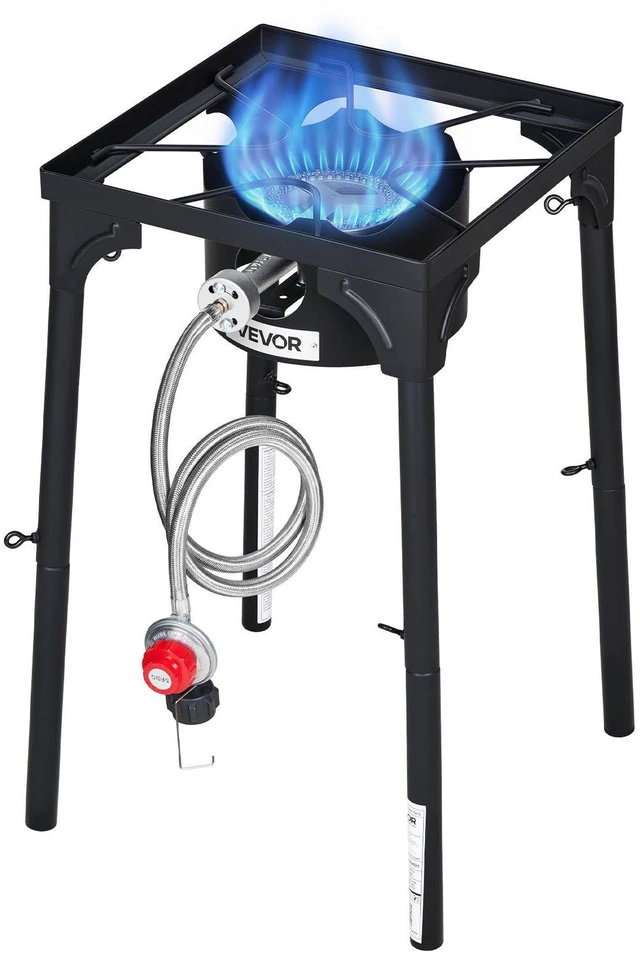Main image of VEVOR Single Burner Outdoor Propane Gas Stove, 100,000 BTU Propane LPG Gas Camping Stove, Heavy Duty Carbon Steel Outdoor Cooker, with Tall Stand & PSI Regulator, for BBQ Camp Home Patio RV Cooking