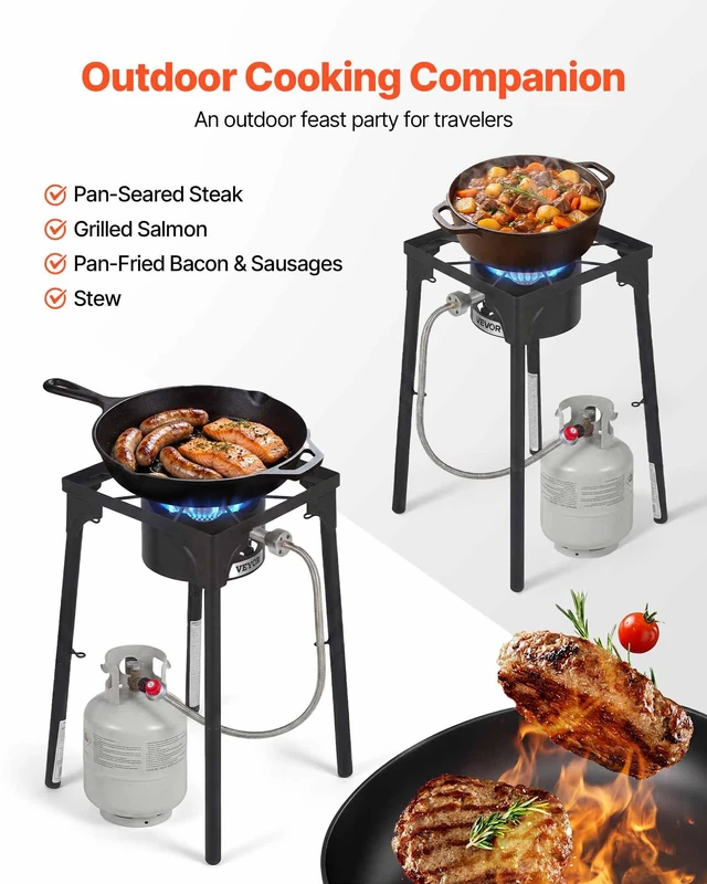Alt view image 2 of 8 - VEVOR Single Burner Outdoor Propane Gas Stove, 100,000 BTU Propane LPG Gas Camping Stove, Heavy Duty Carbon Steel Outdoor Cooker, with Tall Stand & PSI Regulator, for BBQ Camp Home Patio RV Cooking