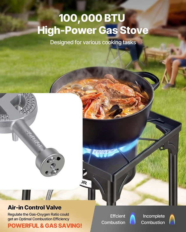 Alt view image 3 of 8 - VEVOR Single Burner Outdoor Propane Gas Stove, 100,000 BTU Propane LPG Gas Camping Stove, Heavy Duty Carbon Steel Outdoor Cooker, with Tall Stand & PSI Regulator, for BBQ Camp Home Patio RV Cooking