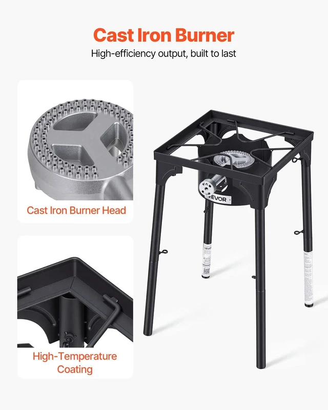 Alt view image 4 of 8 - VEVOR Single Burner Outdoor Propane Gas Stove, 100,000 BTU Propane LPG Gas Camping Stove, Heavy Duty Carbon Steel Outdoor Cooker, with Tall Stand & PSI Regulator, for BBQ Camp Home Patio RV Cooking