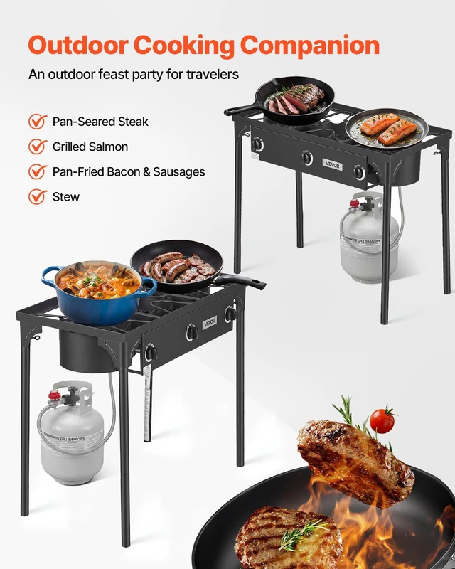 Alt view image 2 of 8 - VEVOR 3 Burner Outdoor Propane Gas Stove, 225,000 BTU Propane LPG Gas Camping Stove, Heavy-duty Carbon Steel Outdoor Cooker, with Shield & Tall Stand & Regulator, for BBQ Camp Home Patio Backyard
