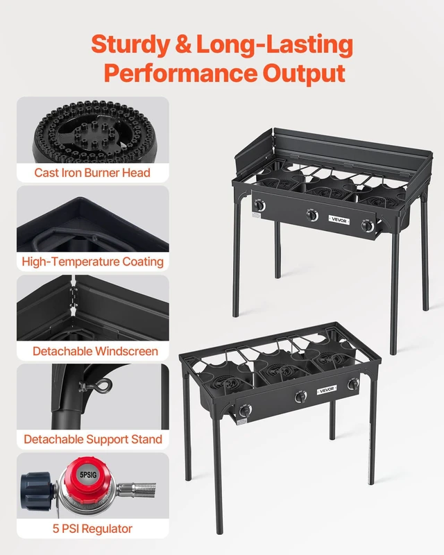 Alt view image 4 of 8 - VEVOR 3 Burner Outdoor Propane Gas Stove, 225,000 BTU Propane LPG Gas Camping Stove, Heavy-duty Carbon Steel Outdoor Cooker, with Shield & Tall Stand & Regulator, for BBQ Camp Home Patio Backyard
