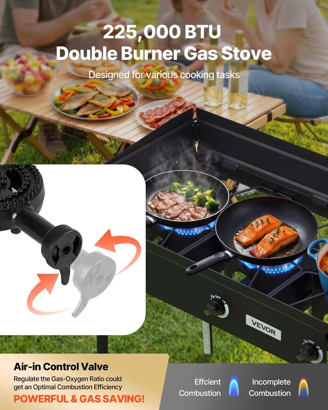 Alt view image 3 of 8 - VEVOR 3 Burner Outdoor Propane Gas Stove, 225,000 BTU Propane LPG Gas Camping Stove, Heavy-duty Carbon Steel Outdoor Cooker, with Shield & Tall Stand & Regulator, for BBQ Camp Home Patio Backyard