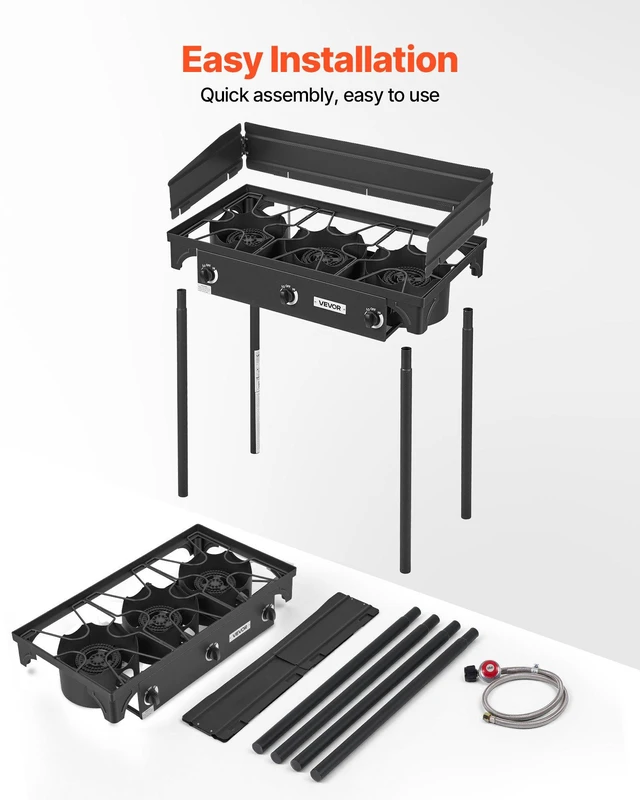 Alt view image 5 of 8 - VEVOR 3 Burner Outdoor Propane Gas Stove, 225,000 BTU Propane LPG Gas Camping Stove, Heavy-duty Carbon Steel Outdoor Cooker, with Shield & Tall Stand & Regulator, for BBQ Camp Home Patio Backyard