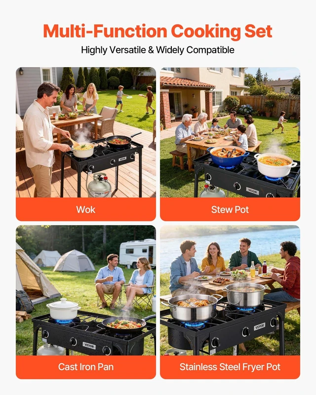 Alt view image 6 of 8 - VEVOR 3 Burner Outdoor Propane Gas Stove, 225,000 BTU Propane LPG Gas Camping Stove, Heavy-duty Carbon Steel Outdoor Cooker, with Shield & Tall Stand & Regulator, for BBQ Camp Home Patio Backyard