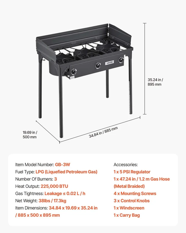 Alt view image 7 of 8 - VEVOR 3 Burner Outdoor Propane Gas Stove, 225,000 BTU Propane LPG Gas Camping Stove, Heavy-duty Carbon Steel Outdoor Cooker, with Shield & Tall Stand & Regulator, for BBQ Camp Home Patio Backyard