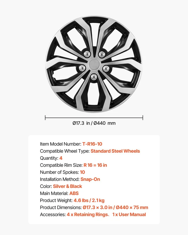 Alt view image 6 of 7 - VEVOR Hubcaps Wheel Covers, 16 Inch Set of 4 Wheel Rim Cover Hubcaps OEM Replacement, R16 Size Snap On Car Hub Caps, Universal 10-Spoke ABS Tire Rim Caps for Hyundai Chevrolet Ford Honda, Silver/Black