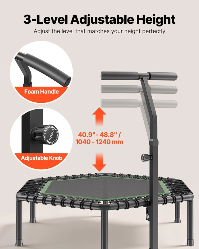 Alt view image 4 of 8 - VEVOR 54.5 Inch Mini Trampoline, 450 lbs Max Load Fitness Rebounder, Stable & Quiet Small Trampoline with 3 Levels Height Adjustable & Foam Handle, Exercise Rebounder for Adults Indoor/Garden Workout