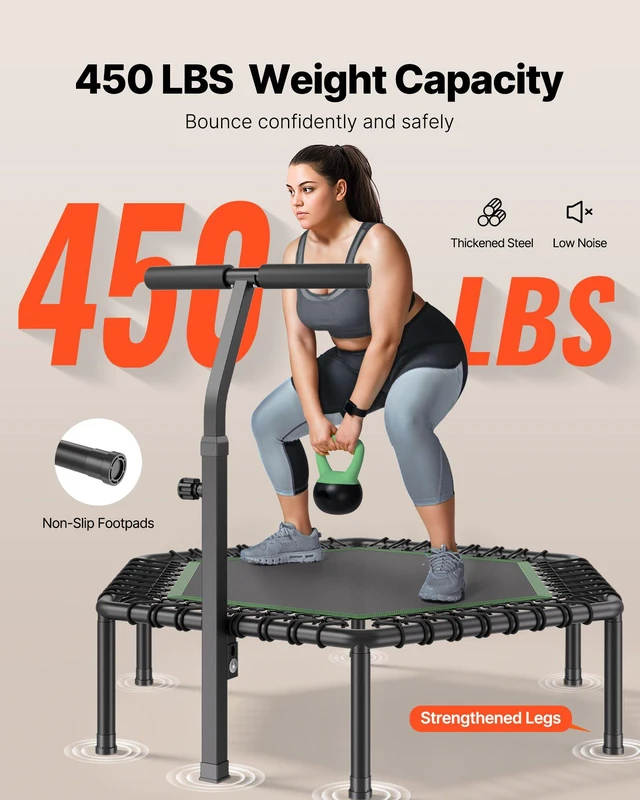 Alt view image 2 of 8 - VEVOR 54.5 Inch Mini Trampoline, 450 lbs Max Load Fitness Rebounder, Stable & Quiet Small Trampoline with 3 Levels Height Adjustable & Foam Handle, Exercise Rebounder for Adults Indoor/Garden Workout