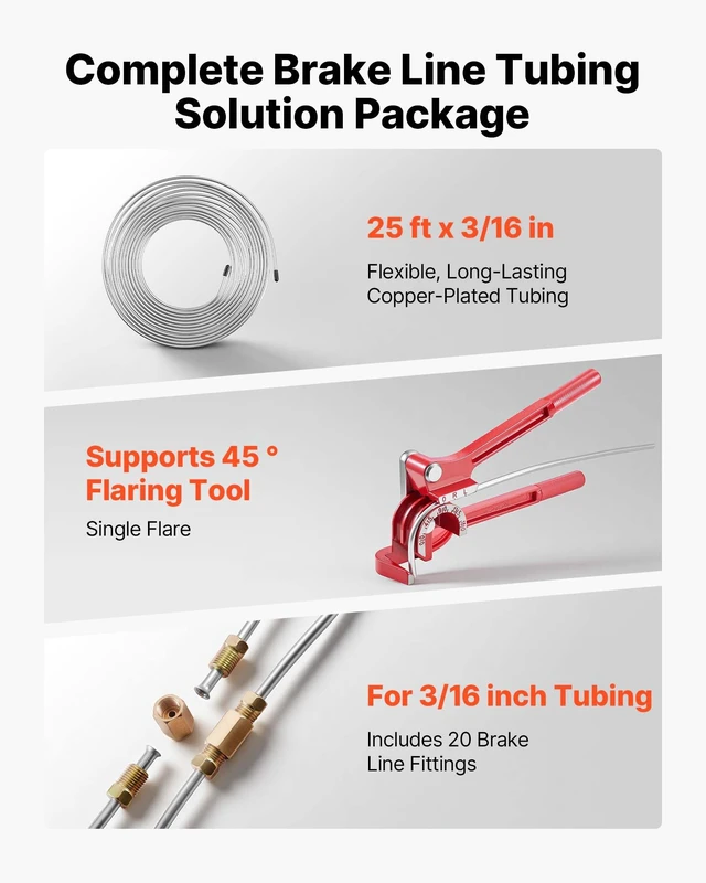Alt view image 2 of 8 - VEVOR 3/16" Brake Line Repair Kit, 45° Single Brake Line Flaring Tool Kit, 25FT Copper-Coated Brake Line with 20 Fittings & 2 Unions, 3-in-1 Tube Bender (1/4", 5/16", 3/8"), Tube Cutter Included
