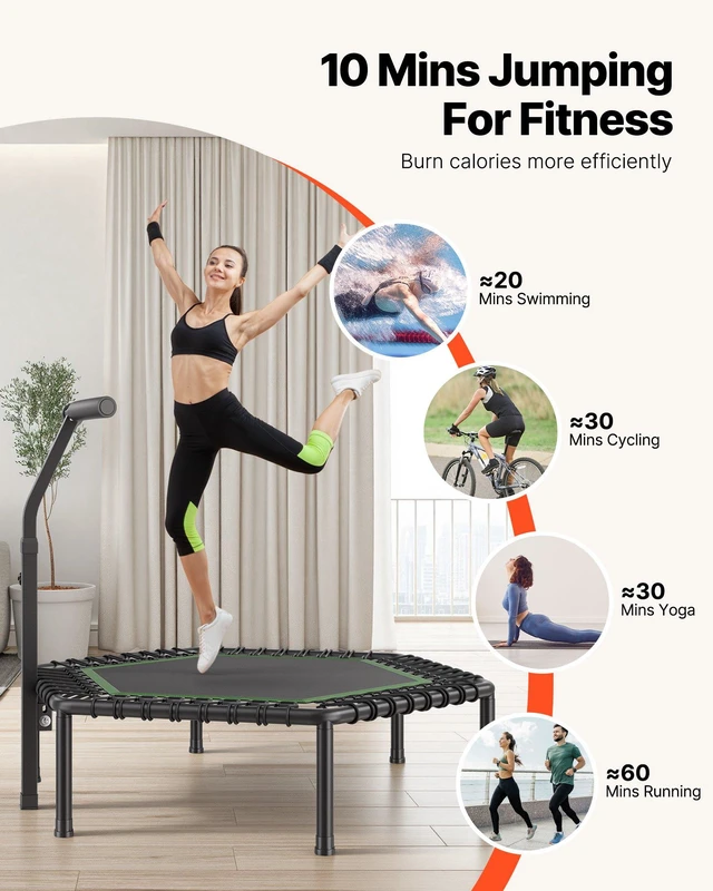 Alt view image 6 of 8 - VEVOR 54.5 Inch Mini Trampoline, 450 lbs Max Load Fitness Rebounder, Stable & Quiet Small Trampoline with 3 Levels Height Adjustable & Foam Handle, Exercise Rebounder for Adults Indoor/Garden Workout