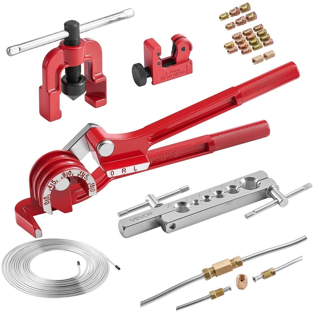 Main image of VEVOR 3/16" Brake Line Repair Kit, 45° Single Brake Line Flaring Tool Kit, 25FT Copper-Coated Brake Line with 20 Fittings & 2 Unions, 3-in-1 Tube Bender (1/4", 5/16", 3/8"), Tube Cutter Included