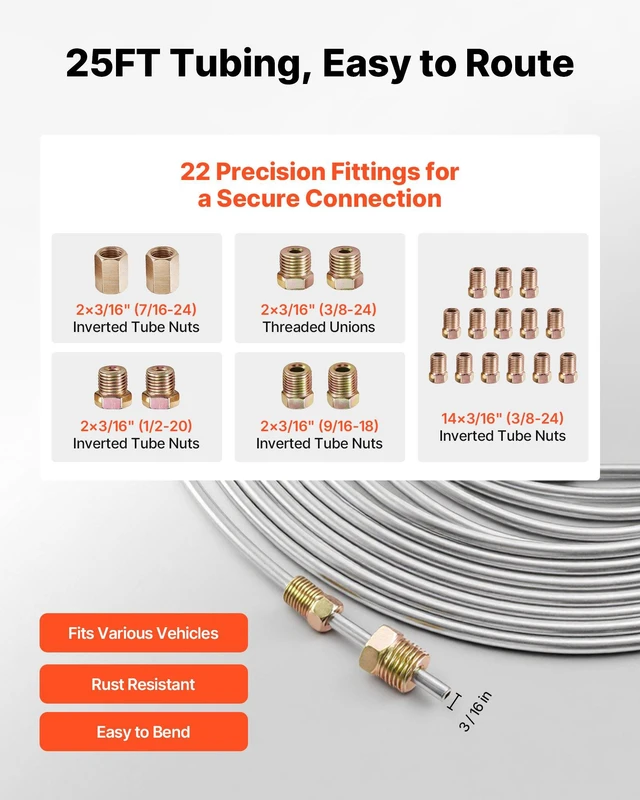 Alt view image 3 of 8 - VEVOR 3/16" Brake Line Repair Kit, 45° Single Brake Line Flaring Tool Kit, 25FT Copper-Coated Brake Line with 20 Fittings & 2 Unions, 3-in-1 Tube Bender (1/4", 5/16", 3/8"), Tube Cutter Included