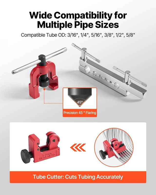 Alt view image 5 of 8 - VEVOR 3/16" Brake Line Repair Kit, 45° Single Brake Line Flaring Tool Kit, 25FT Copper-Coated Brake Line with 20 Fittings & 2 Unions, 3-in-1 Tube Bender (1/4", 5/16", 3/8"), Tube Cutter Included